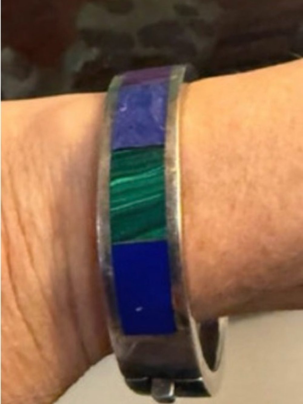 Rare 950 hinged Taxco Silver Bracelet with Blue, Green and Purple Inlay Panels